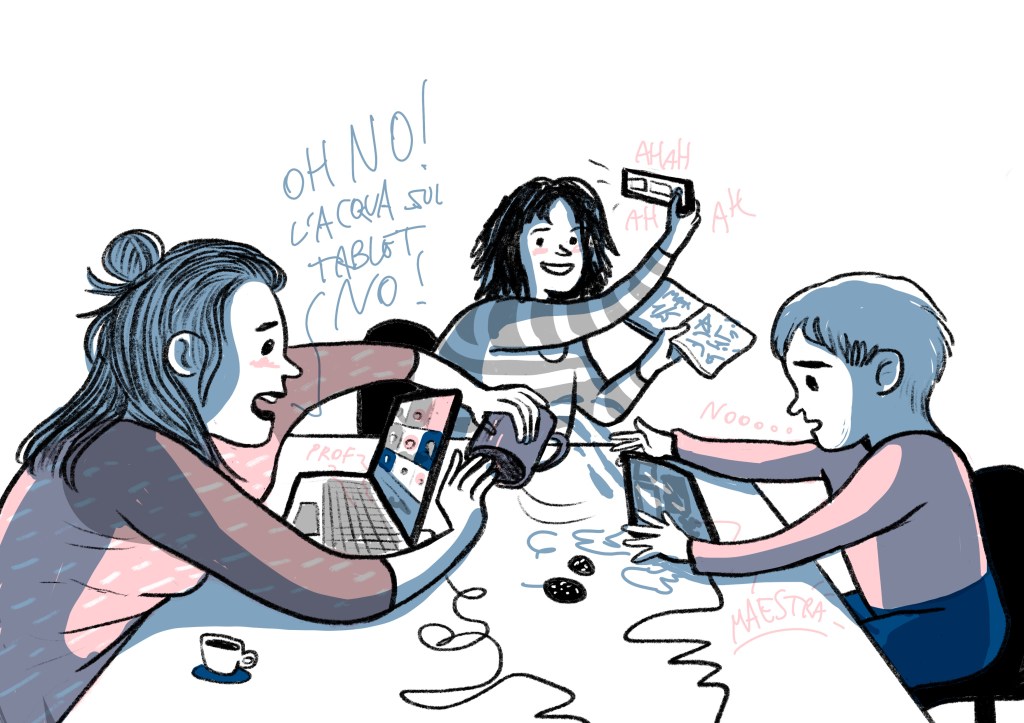 Illustrazione di Cristina Portolano ispirata al testo di Viola Sarnelli: "C'era due volte la DAD a Napoli"